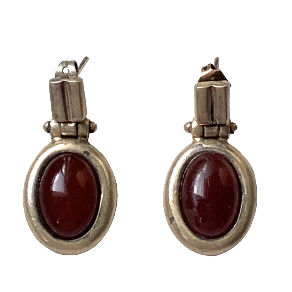 Vintage Sterling Silver Carnelian Cabochon Stone Women’s Earrings Jewelry Red